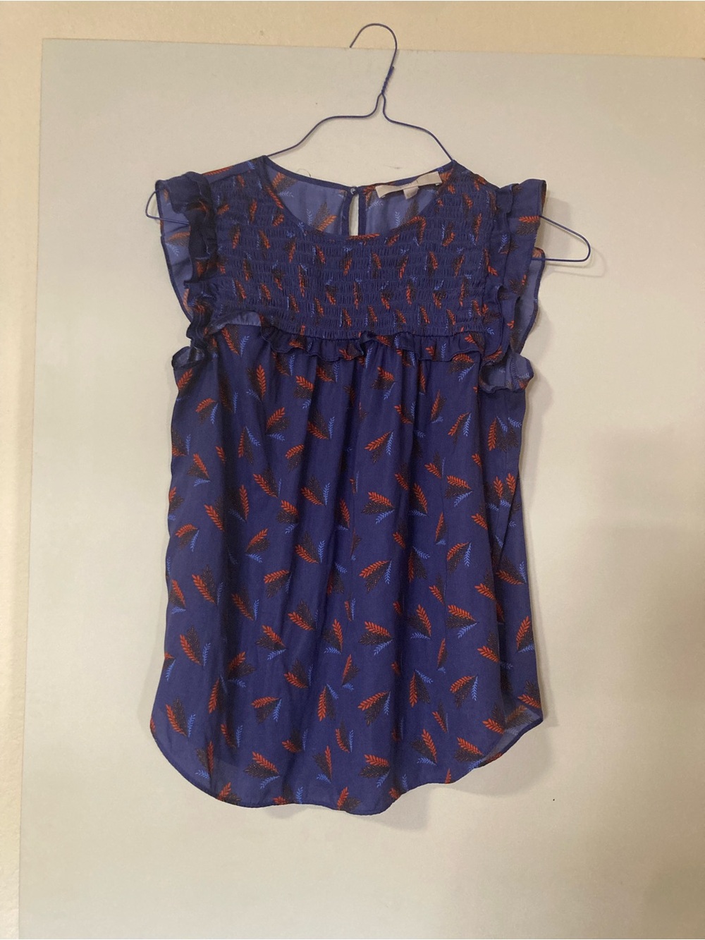 LOFT Blue Smocked Ruffle Camisole with Orange Feather Motif